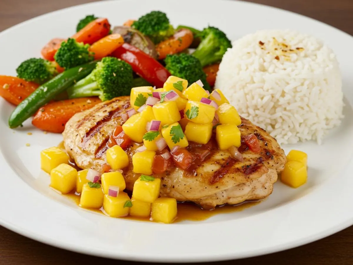 Grilled Mango Chicken with Garlic Rice and Seasonal Roasted Vegetables