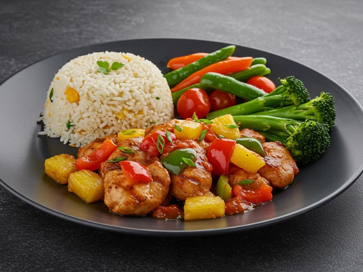 Grilled Pineapple Chicken with Garlic Rice and Seasonal Roasted Vegetables