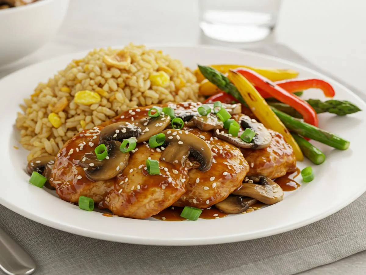 Grilled Chicken Teriyaki with Garlic Rice and Seasonal Roasted Vegetables