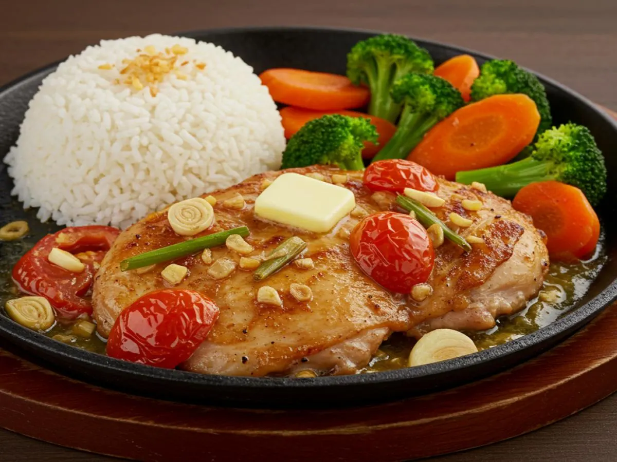 Grilled Lemongrass Chicken with Garlic Rice and Seasonal Roasted Vegetables