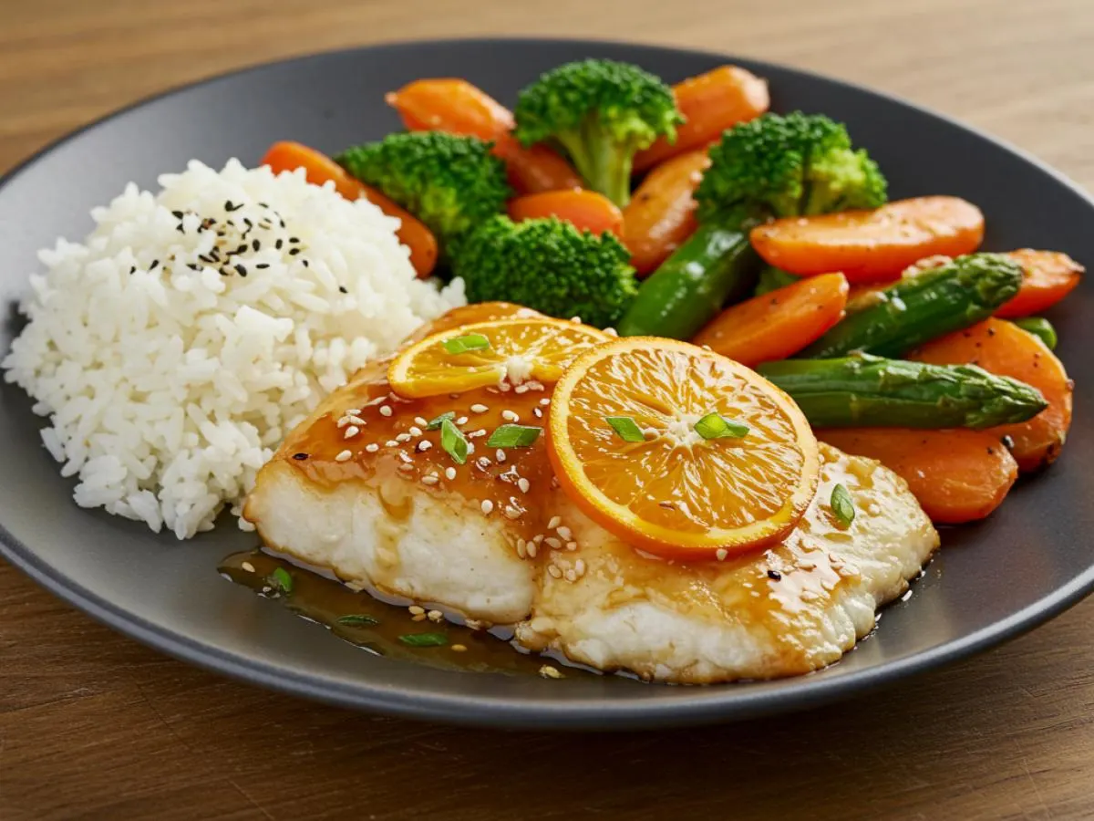 Baked Orange Teriyaki White Fish with Garlic Rice and Seasonal Roasted Vegetables