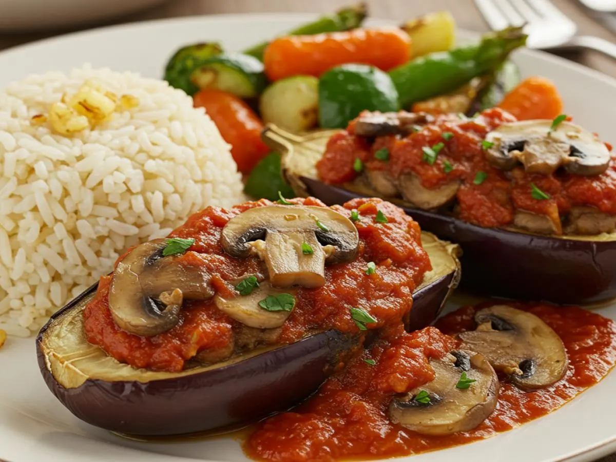 Stuffed Asian Eggplant with Garlic Rice and Seasonal Roasted Vegetables