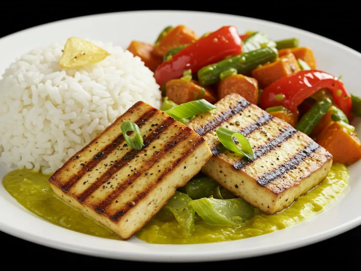 Grilled Black Pepper Tofu with Garlic Rice and Seasonal Roasted Vegetables