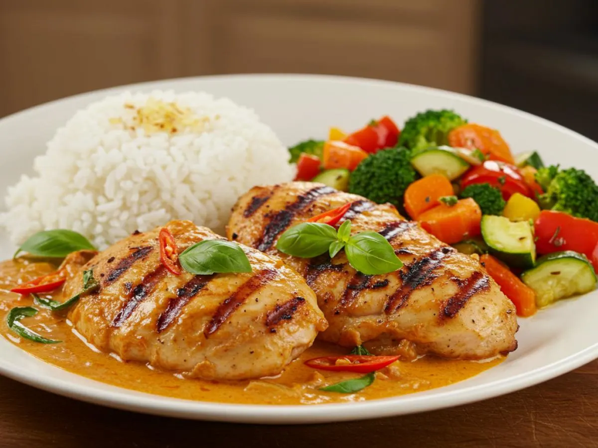 Gluten Free Grilled Coconut Curry Chicken with Garlic Rice and Seasonal Roasted Vegetables