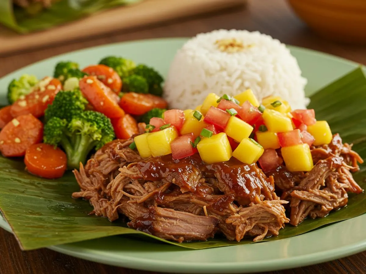 Gluten Free Banana Leaf Pulled Pork with Garlic Rice and Seasonal Roasted Vegetables