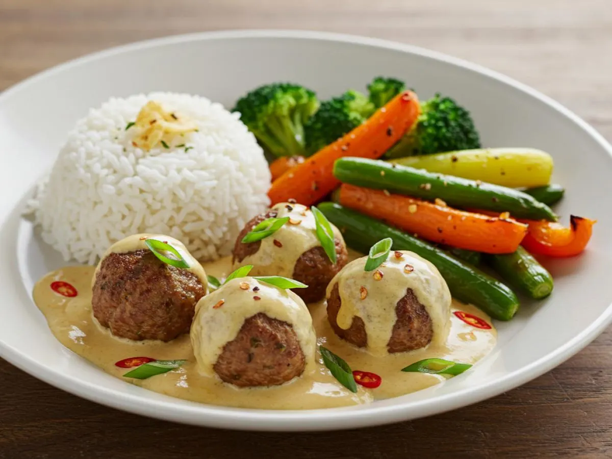 Gluten Free Baked Asian Meatballs with Garlic Rice and Seasonal Roasted Vegetables