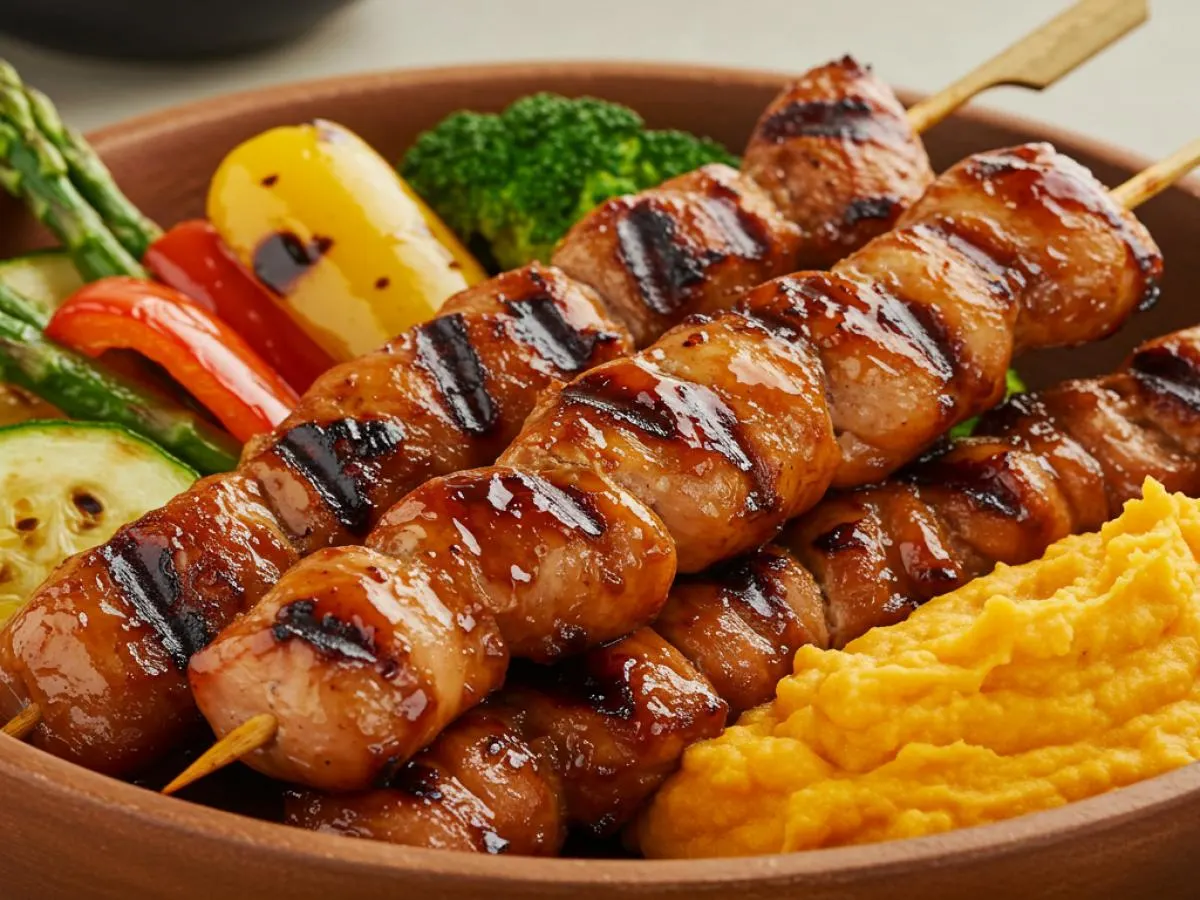 Flilipino Bbq Chicken Skewers with Kamote and Seasonal Roasted Vegetables