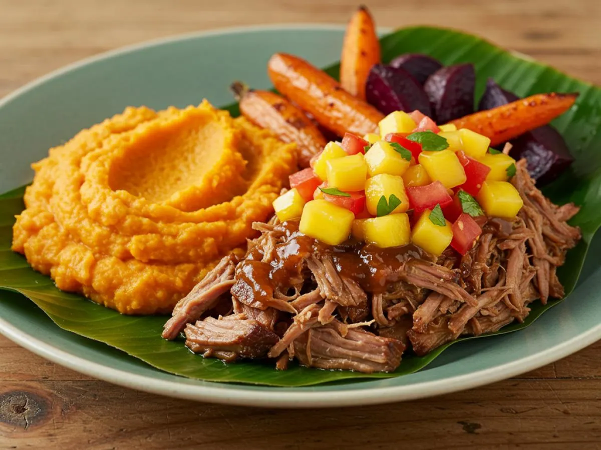 Gluten Free Banana Leaf Pulled Pork with Kamote and Seasonal Roasted Vegetables