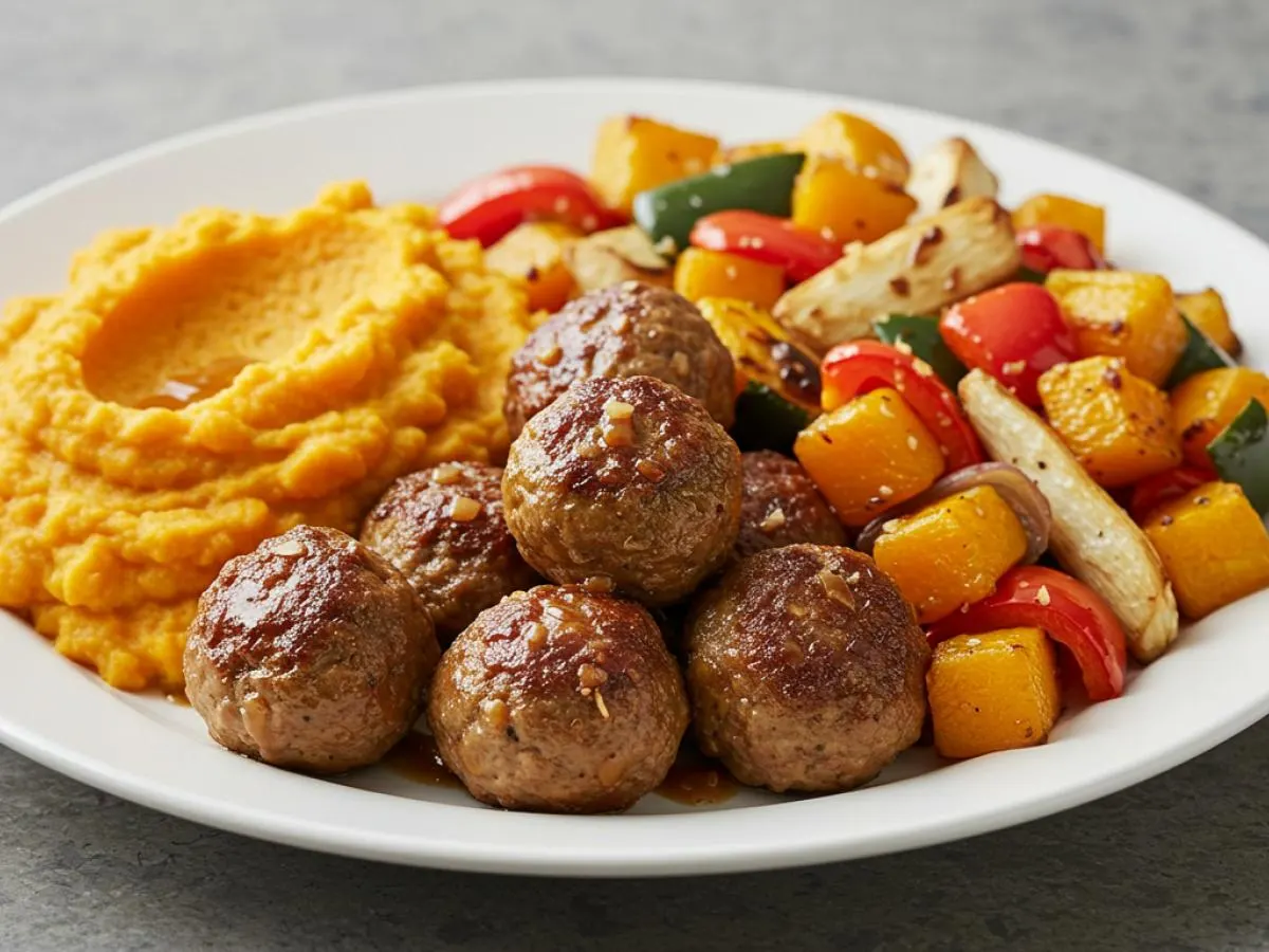 Gluten Free Baked Asian Meatballs with Kamote and Seasonal Roasted Vegetables