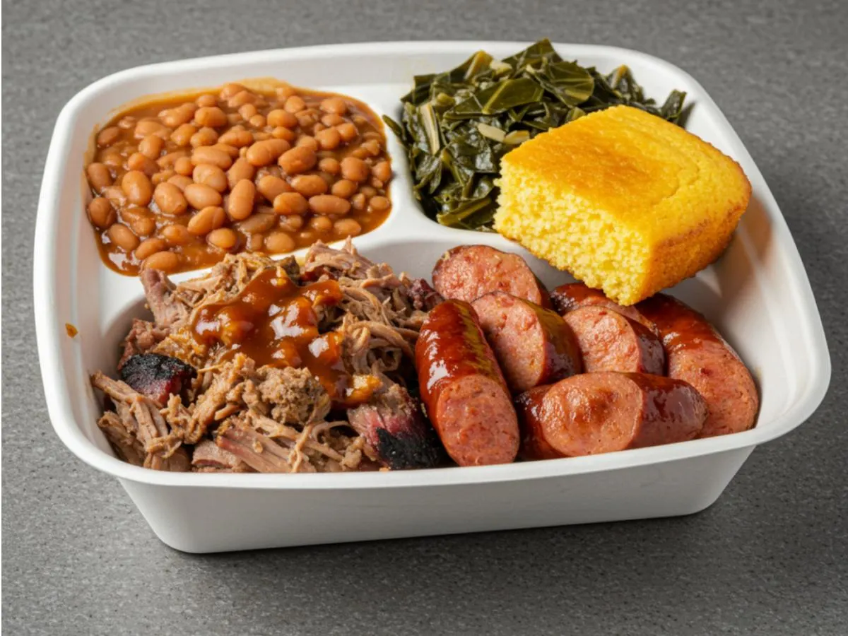 BBQ Pulled Pork | Andouille Sausage - Baked Beans | Collard Greens - Cornbread BBQ Pulled Pork | Andouille Sausage - Baked Beans | Collard Greens - Cornbread