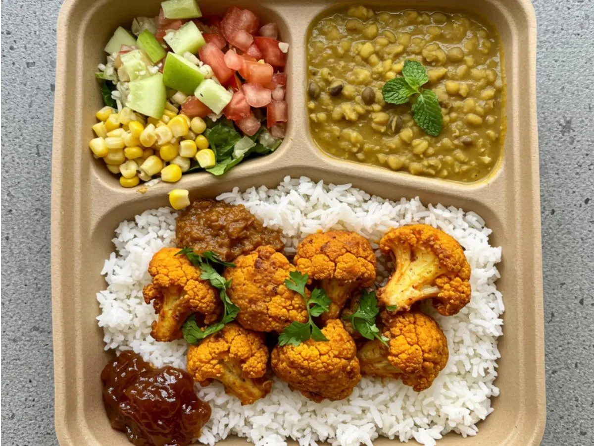 Gobi Rice Bowl | White Basmati Rice | Grilled Peppers & Onions - Corn Salad | Sweet - Medium Gobi Rice Bowl | White Basmati Rice | Grilled Peppers & Onions - Corn Salad | Sweet - Medium