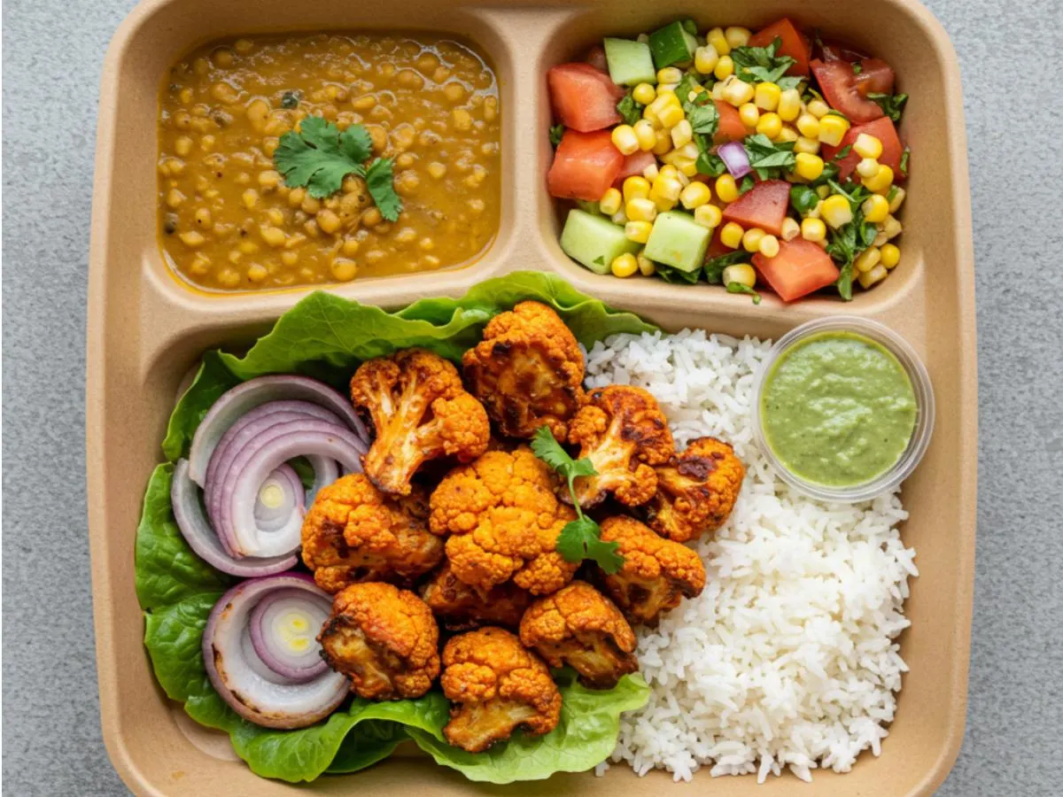 Gobi Salad | White Basmati Rice | Grilled Peppers & Onions - Corn Salad | Sweet - Medium Gobi Salad | White Basmati Rice | Grilled Peppers & Onions - Corn Salad | Sweet - Medium