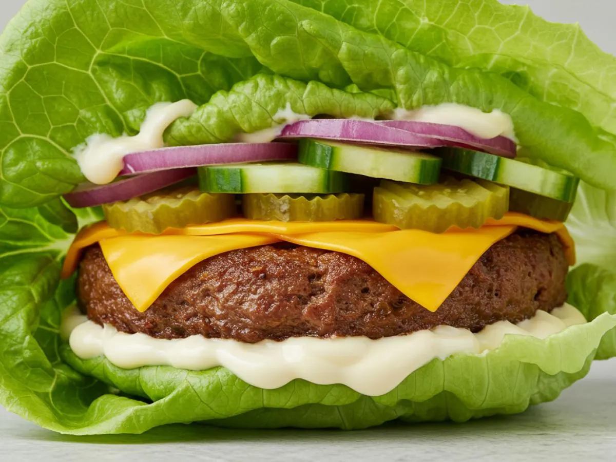 Light Carb Vegetarian Impossible Burger on Lettuce Wrap with Cheese Light Carb Vegetarian Impossible Burger on Lettuce Wrap with Cheese