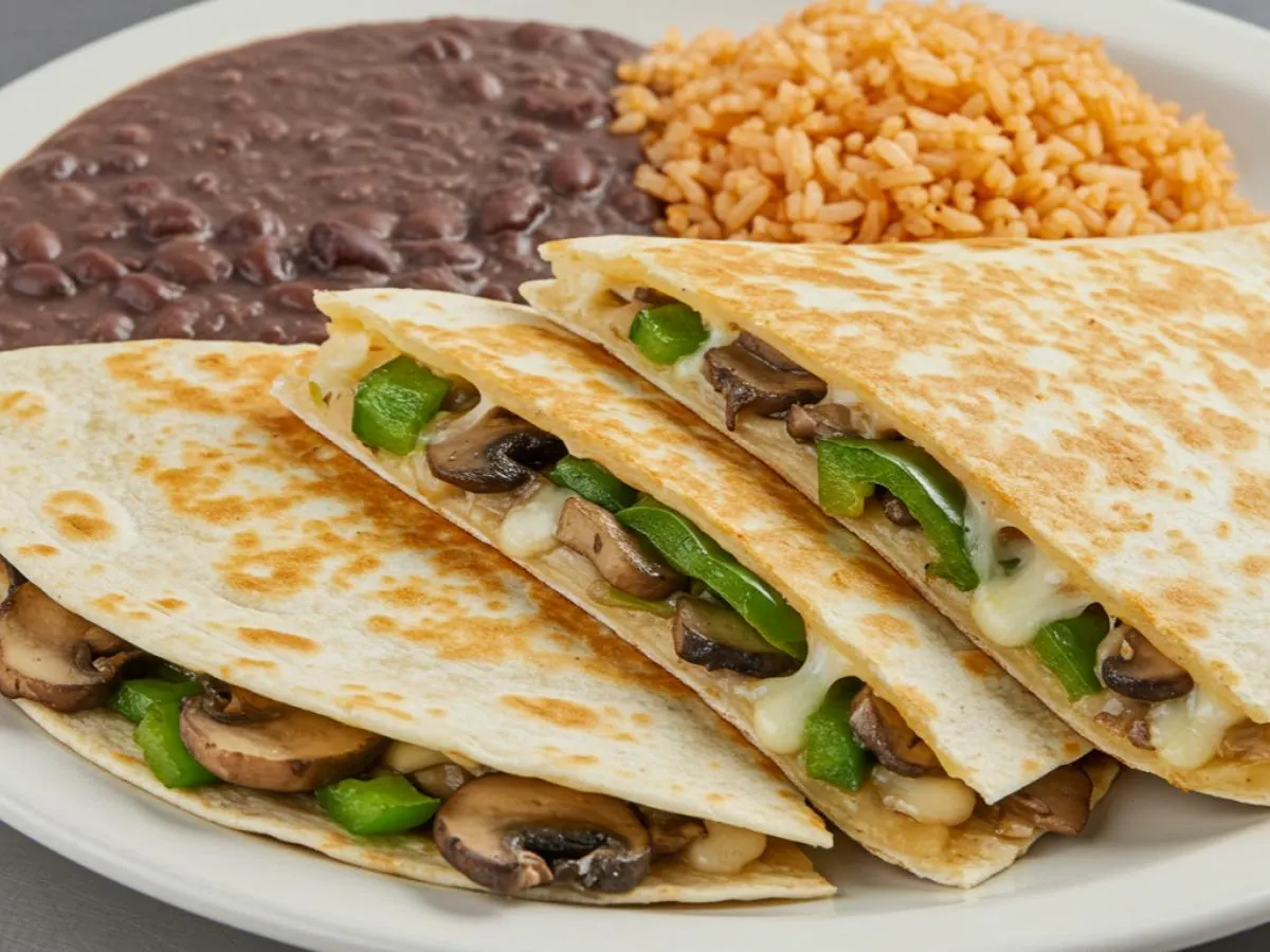 Boxed Mushroom Quesadilla With Rice and Beans