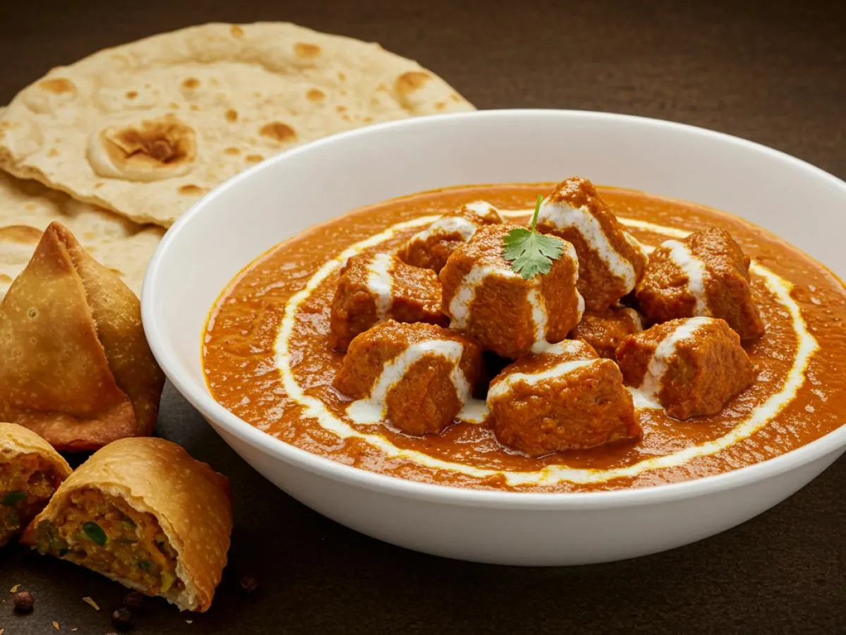 Lamb Tikka Masala with Plain Naan and Vegan Samosa Lamb Tikka Masala with Plain Naan and Vegan Samosa