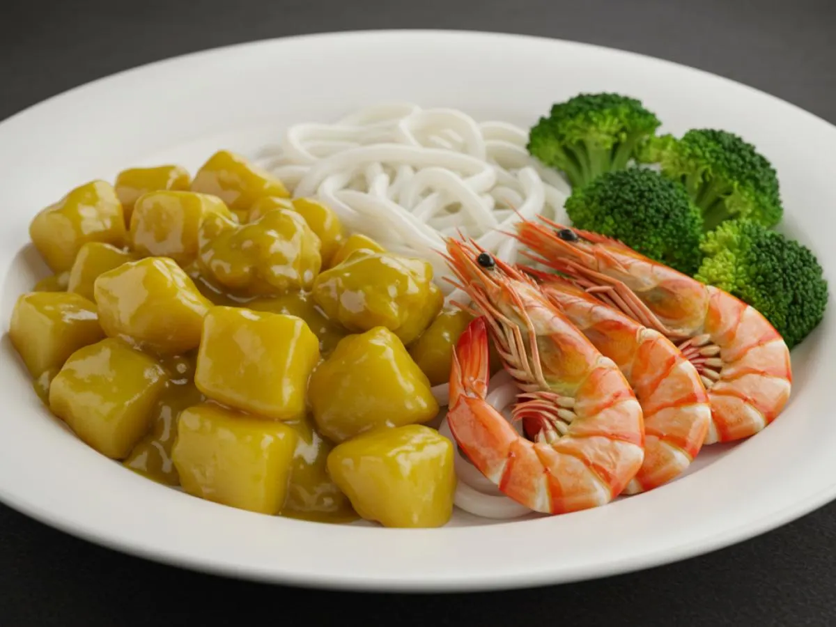 Curry Potato Chicken Rainbow Prawns Udon Noodles Broccoli