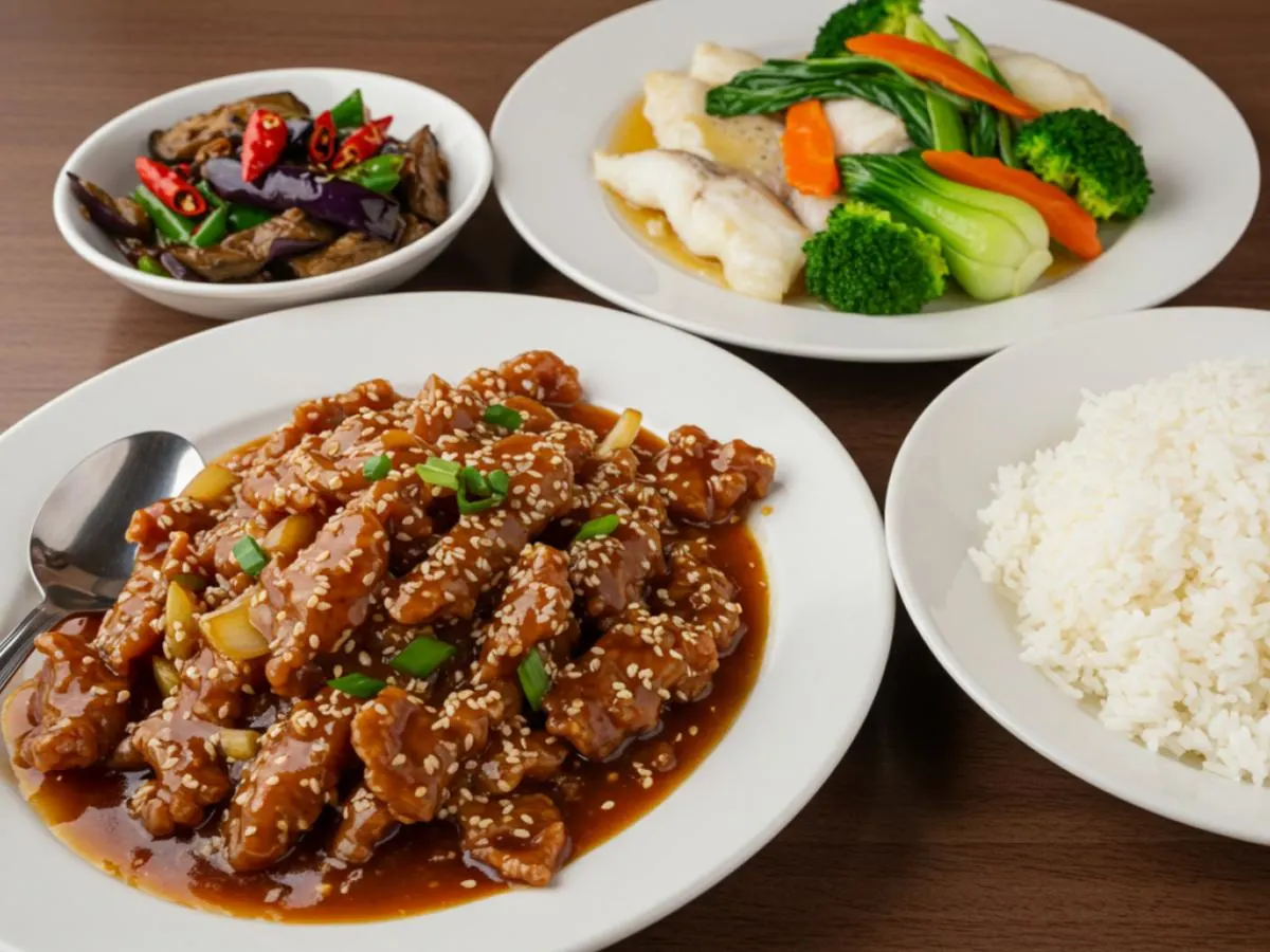 Sesame Beef Fish with Vegetables Rice Szechuan Eggplants