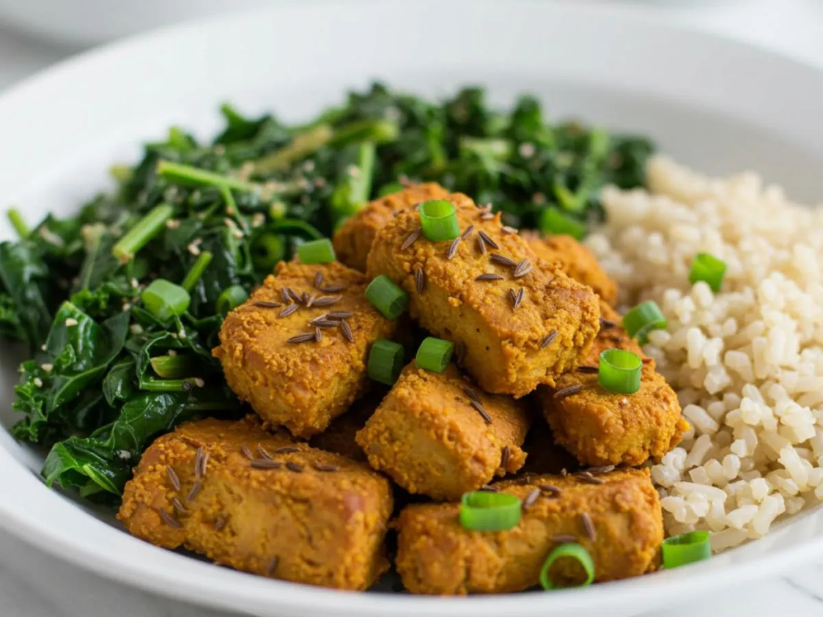 Cumin Mock Chicken, Seasonal Greens, Brown Rice