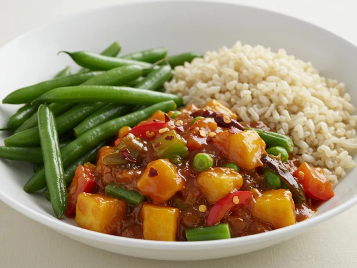 Vegetarian Manchurian, String Beans, Brown Rice