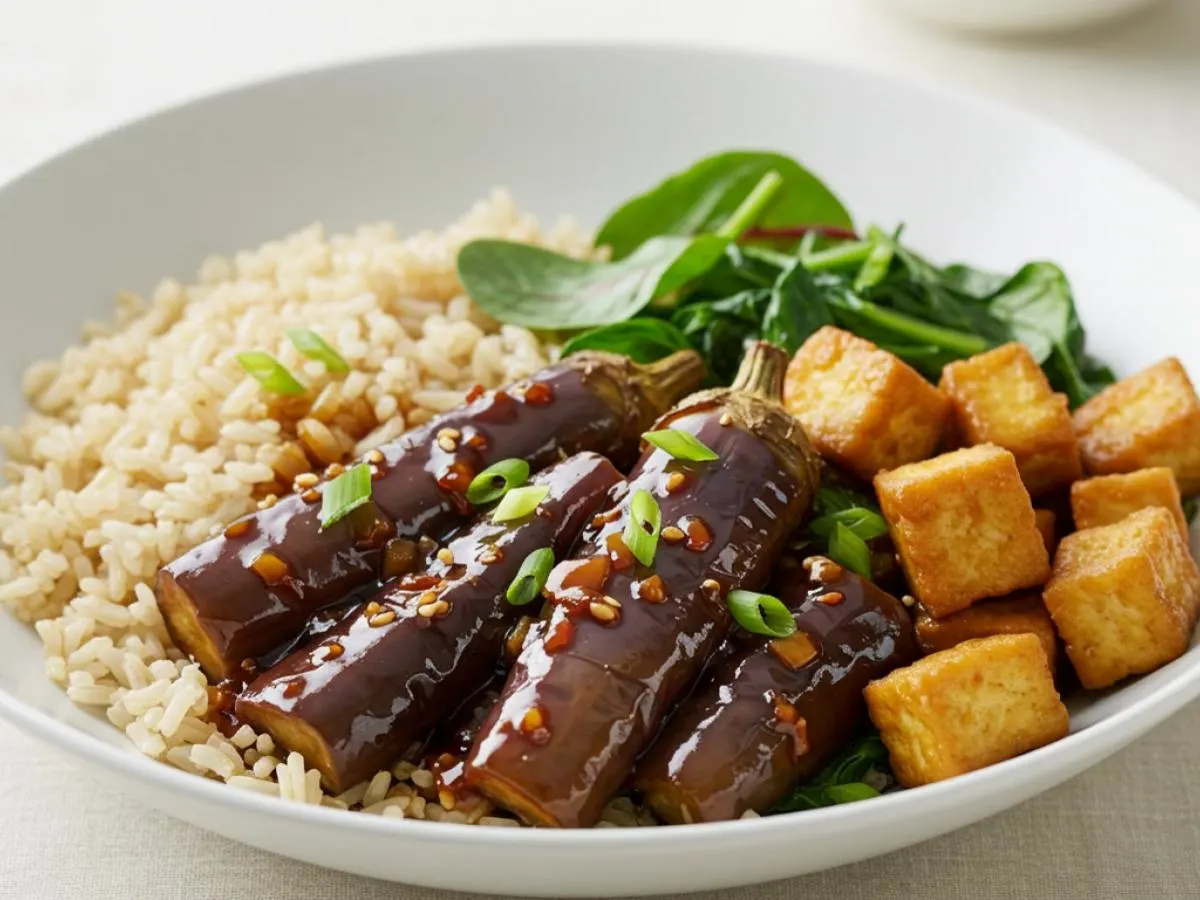 Szechuan Eggplants With Fried Tofu, Seasonal Greens, Brown Rice