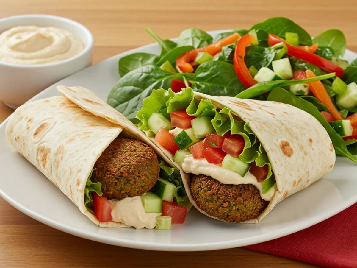 Vegan Falafel Gyro Wrap and Garden Salad & Hummus Vegan Falafel Gyro Wrap and Garden Salad & Hummus