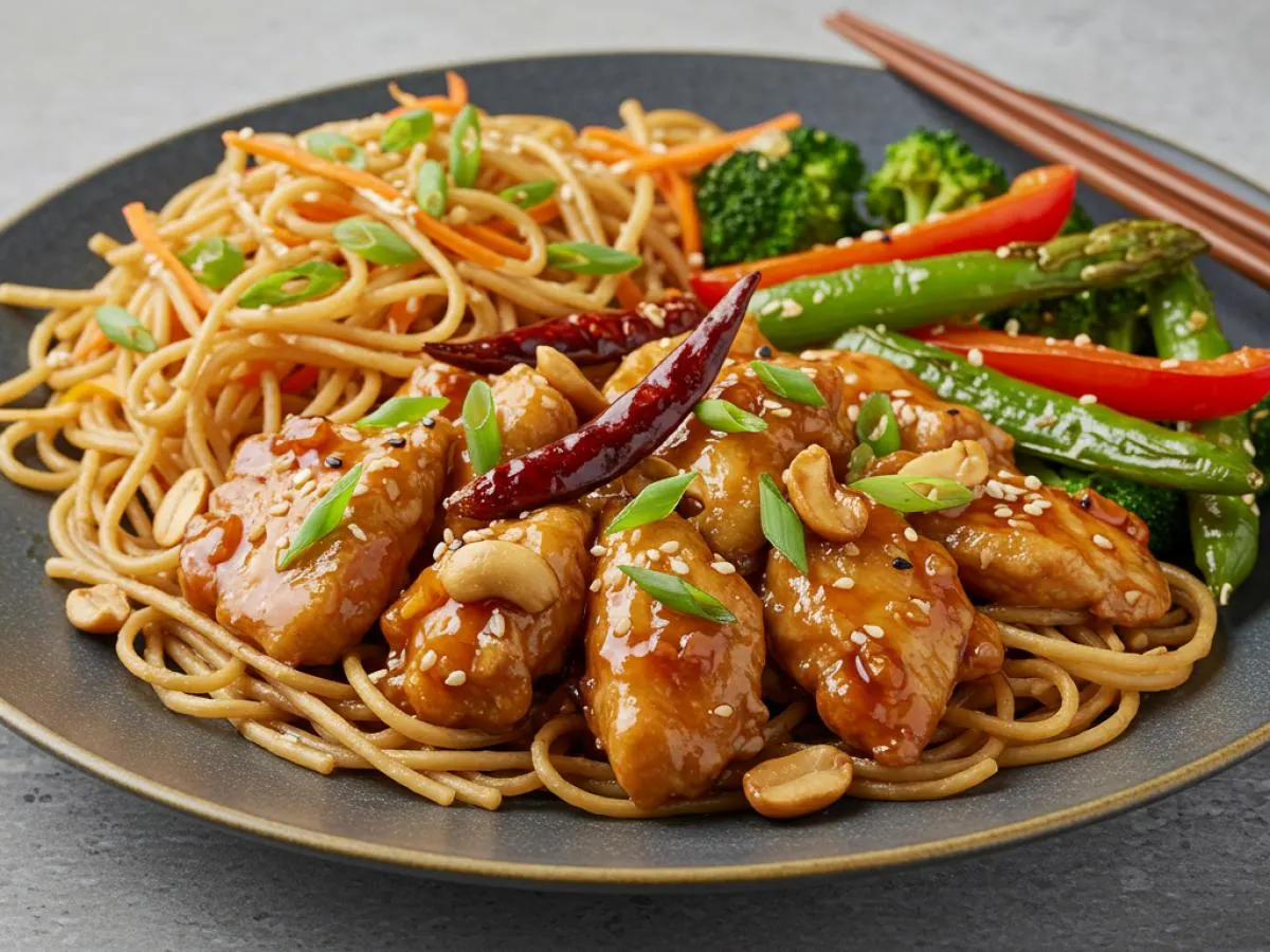 Kung Pao Chicken with Garlic Noodles and Asian Roasted Veggies Kung Pao Chicken with Garlic Noodles and Asian Roasted Veggies