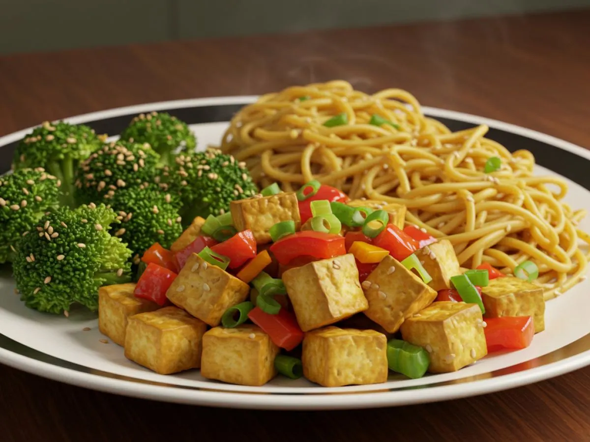 Tofu Stir-Fry with Garlic Noodles and Sesame Broccoli Tofu Stir-Fry with Garlic Noodles and Sesame Broccoli