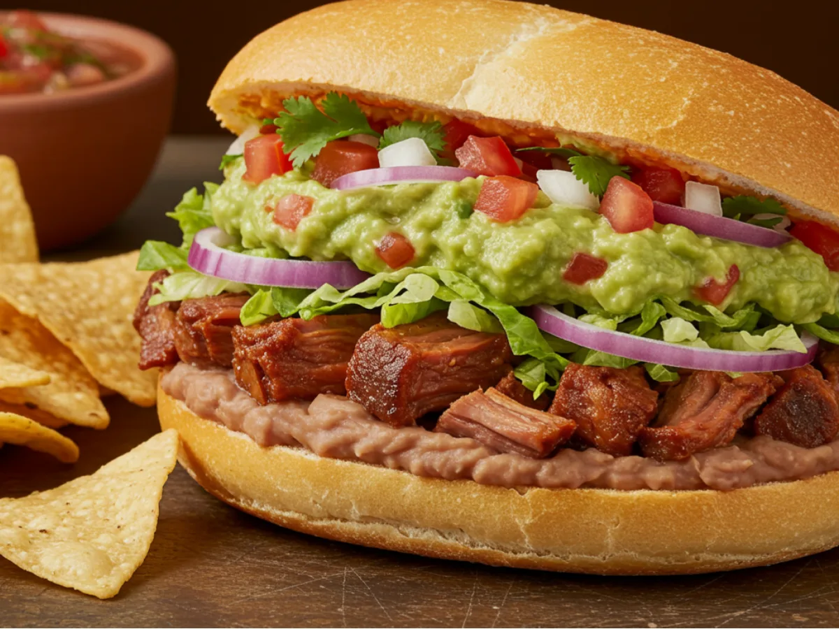 Al Pastor Torta with Refried Beans and Guacamole Al Pastor Torta with Refried Beans and Guacamole