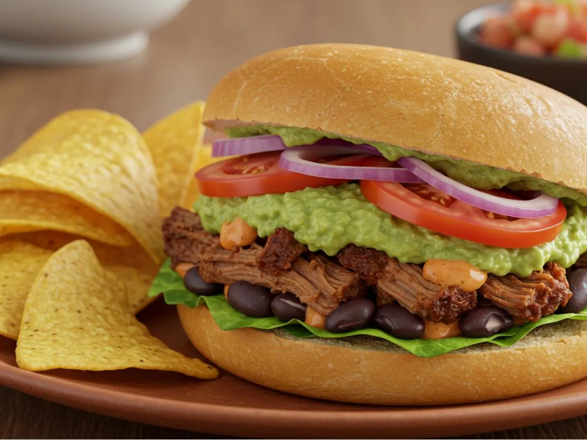Al Pastor Torta with Black Beans and Guacamole Al Pastor Torta with Black Beans and Guacamole