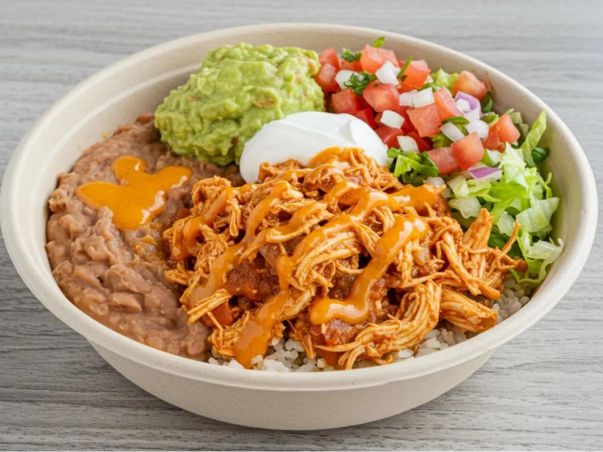 Chicken Tinga Torta Bowl with Refried Beans with Guacamole Chicken Tinga Torta Bowl with Refried Beans with Guacamole