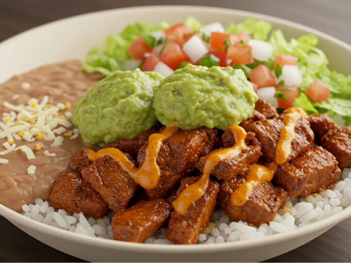 Al Pastor Bowl with Refried Beans and Guacamole Al Pastor Bowl with Refried Beans and Guacamole