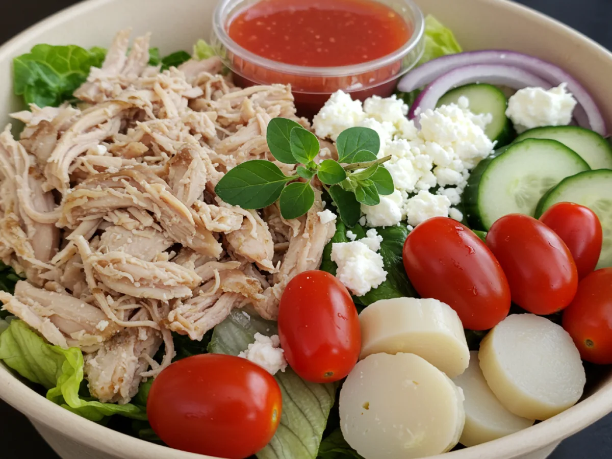 Greek Village Salad with Pulled Chicken Greek Village Salad with Pulled Chicken