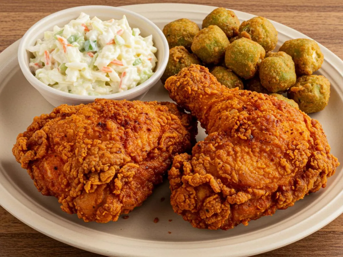 Spicy Fried Chicken with Coleslaw and Fried Okra Spicy Fried Chicken with Coleslaw and Fried Okra