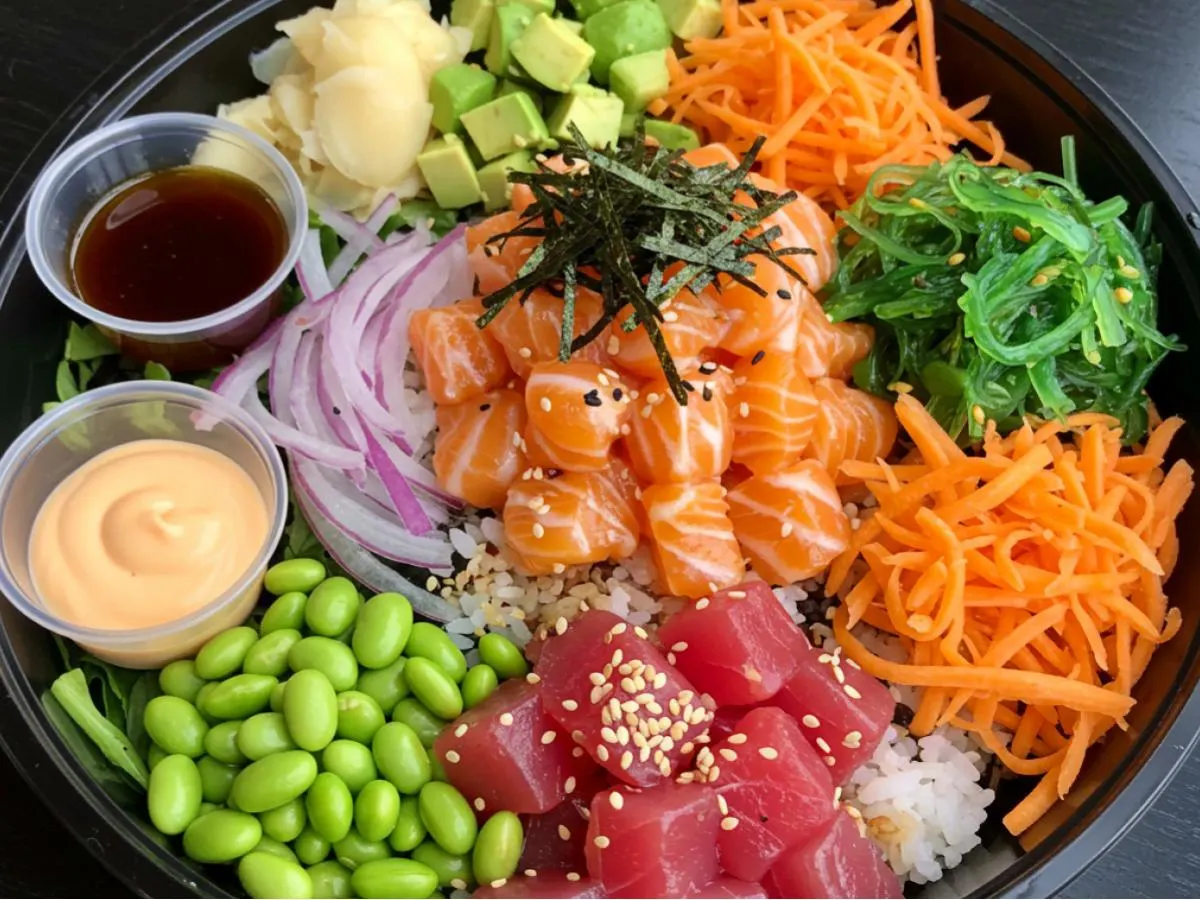 Poke Bowl Salad Tray with Tuna, Hamachi and Salmon. Poke Bowl Salad Tray with Tuna, Hamachi and Salmon.