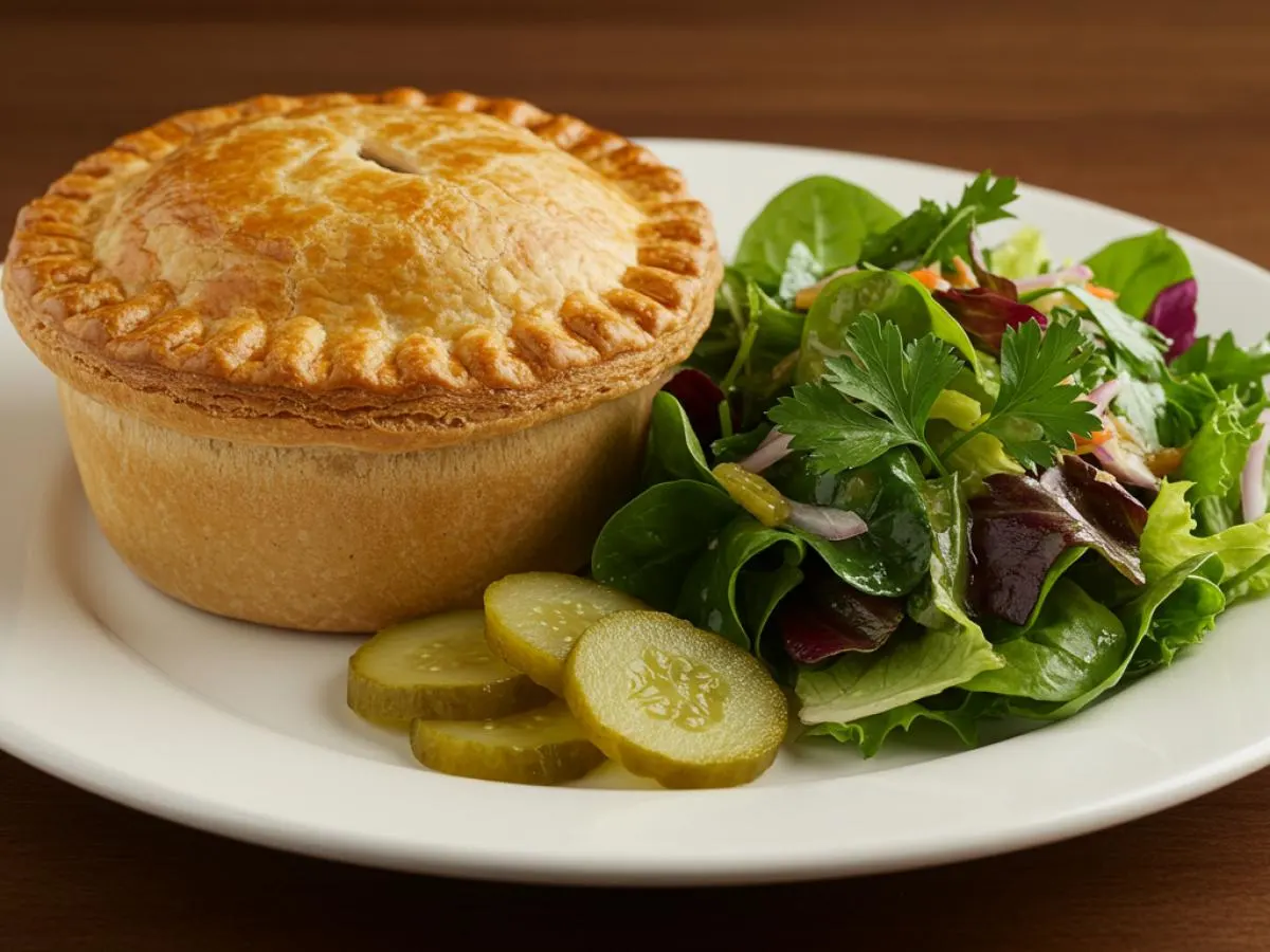 Vegan Curry Vegetable Pot Pie, Mixed Green Side Salad, and Pickles