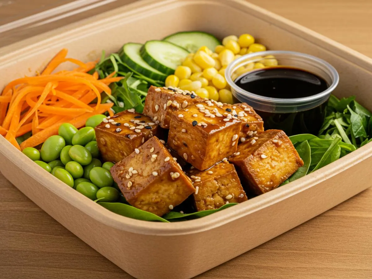 Vegan Marinated Tofu Green Salad Bowl with Mushroom Soy Sauce (NO Sesame Seeds) Vegan Marinated Tofu Green Salad Bowl with Mushroom Soy Sauce (NO Sesame Seeds)
