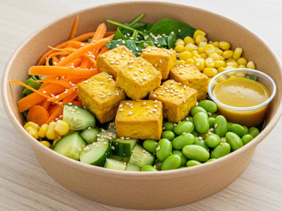 Spicy Curry Tofu Mixed Green Salad Bowl with Spicy Yellow Curry Sauce Spicy Curry Tofu Mixed Green Salad Bowl with Spicy Yellow Curry Sauce