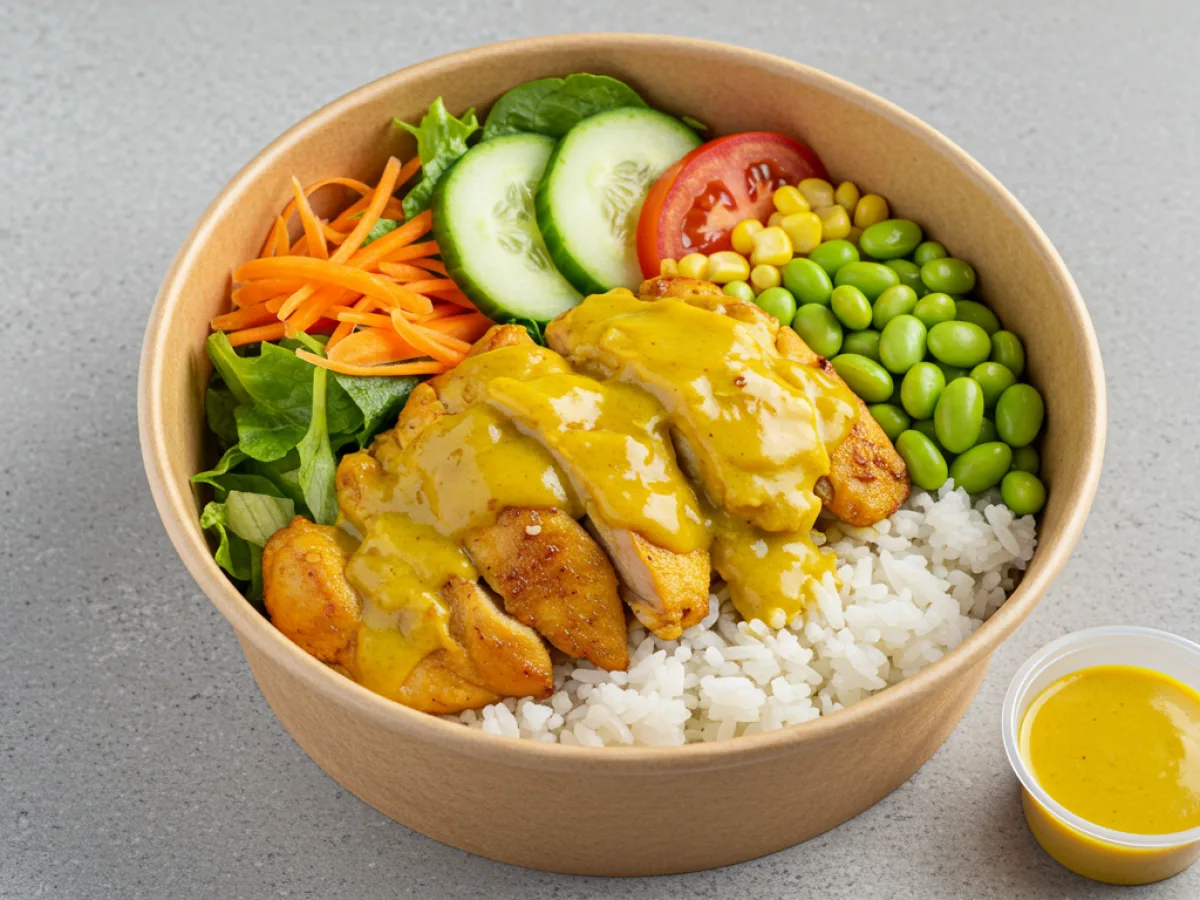 Spicy Curry Chicken Rice Bowl with Spicy Yellow Curry Sauce (NO Sesame Seeds) Spicy Curry Chicken Rice Bowl with Spicy Yellow Curry Sauce (NO Sesame Seeds)