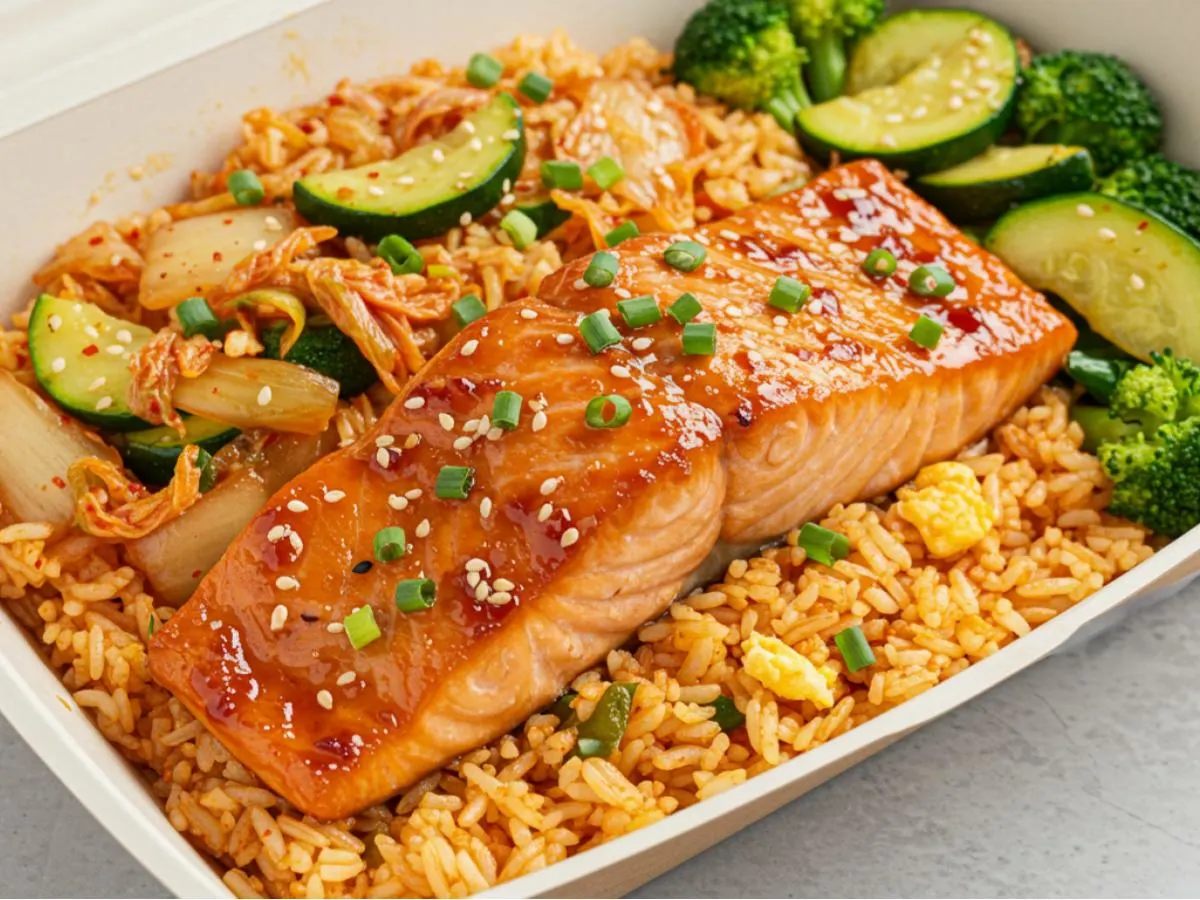 Korean Marinated Salmon with Kimchi Fried Rice & Sauteed Zucchini Broccoli Korean Marinated Salmon with Kimchi Fried Rice & Sauteed Zucchini Broccoli