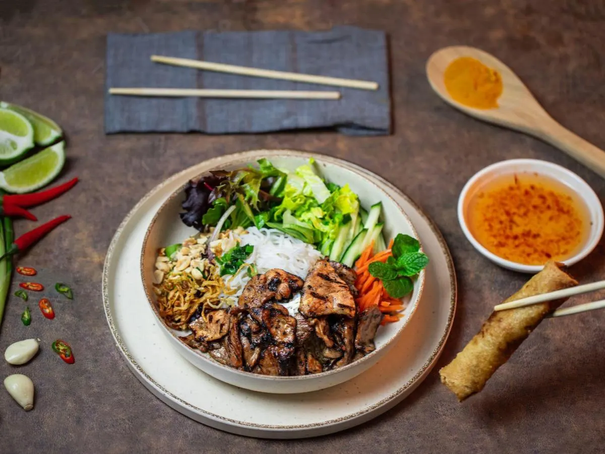 Grilled Pork and Eggroll Vermicelli Bowl Grilled Pork and Eggroll Vermicelli Bowl