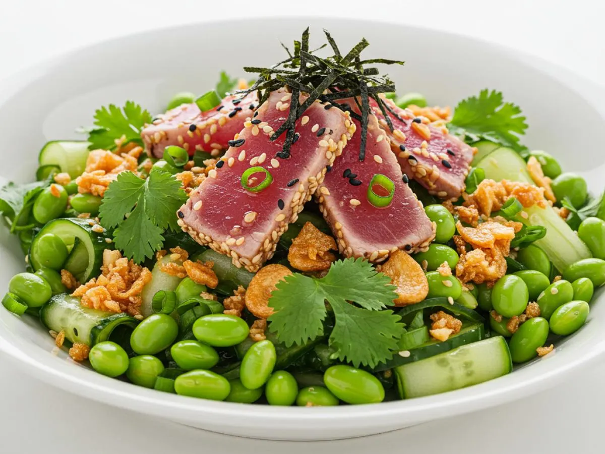 Regular Ahi Tuna over Salad with Cucumber, Edamame, Cilantro, Green Onion, Sesame Seeds, Shredded Nori, and Garlic Crisps Regular Ahi Tuna over Salad with Cucumber, Edamame, Cilantro, Green Onion, Sesame Seeds, Shredded Nori, and Garlic Crisps