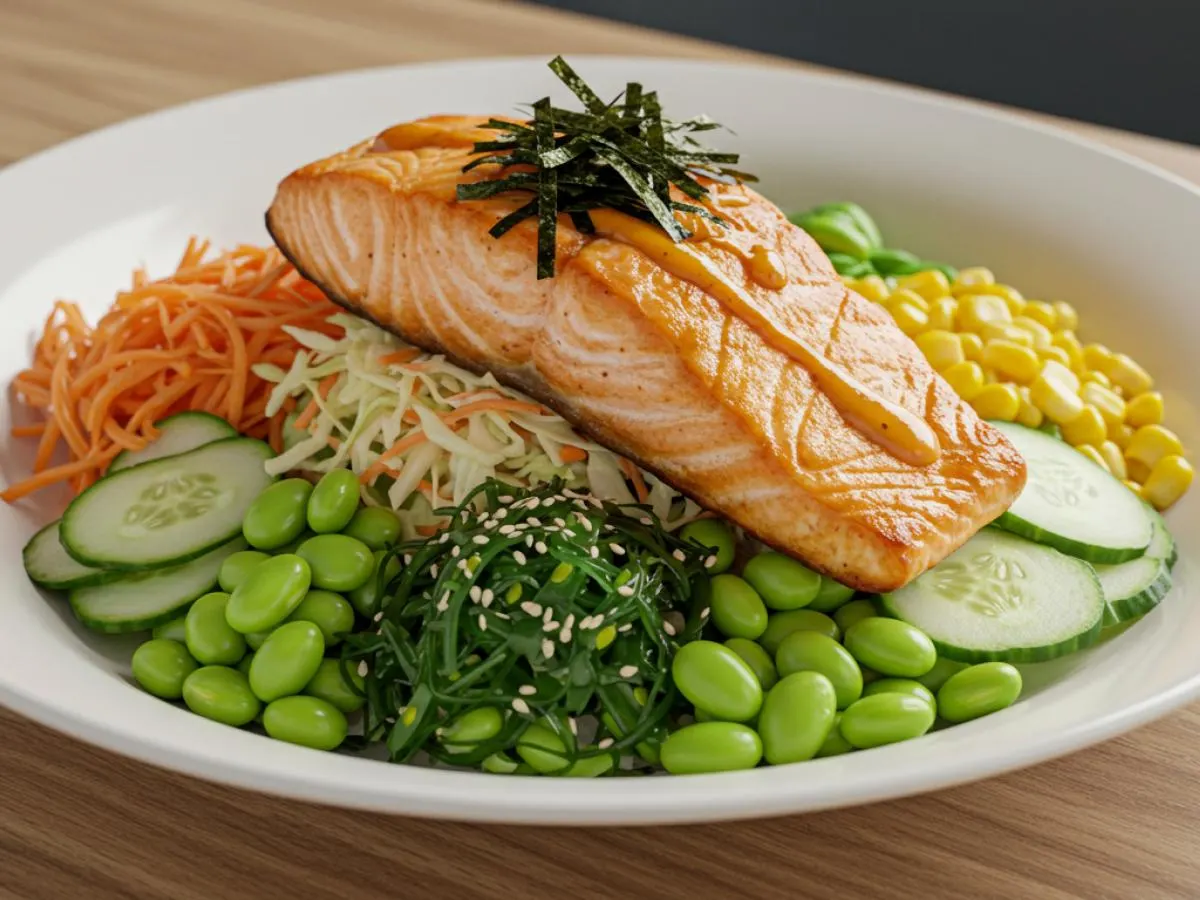 Regular Salmon over Salad with Cucumber, Cabbage, Sweet Corn, Edamame, Seaweed Salad, and Shredded Nori Regular Salmon over Salad with Cucumber, Cabbage, Sweet Corn, Edamame, Seaweed Salad, and Shredded Nori