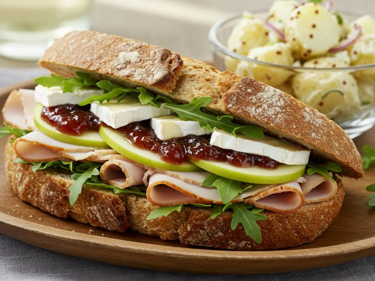 Turkey and Brie Sandwich on Sourdough with potato salad Turkey and Brie Sandwich on Sourdough with potato salad