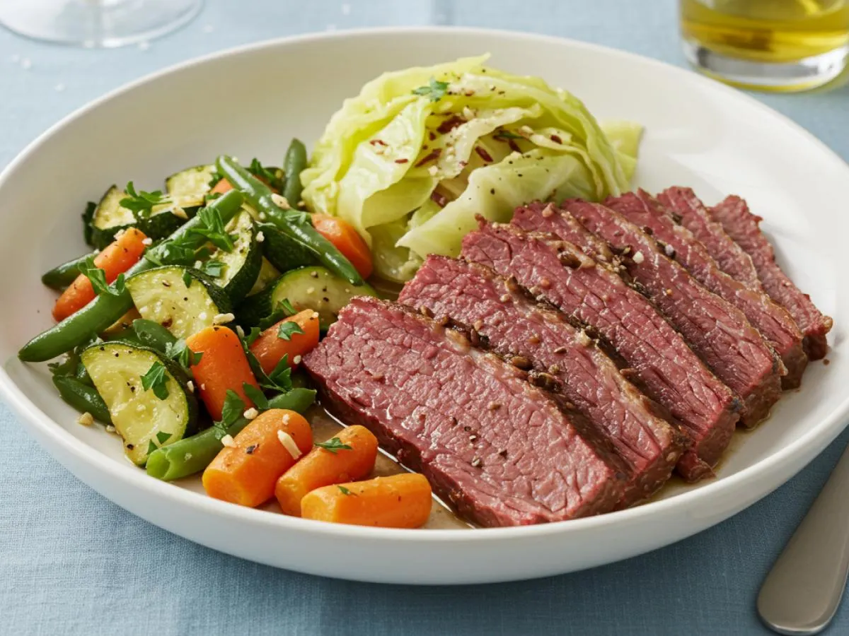 Allergen Free Corned Beef and Cabbage, Green Roasted Zucchini, and Parsley Carrots and Green Beans
