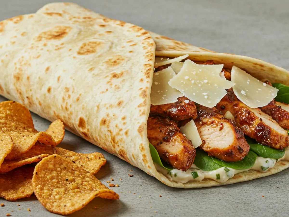 Warm Blackened Chicken Caesar Wrap with Truffle Chips Warm Blackened Chicken Caesar Wrap with Truffle Chips