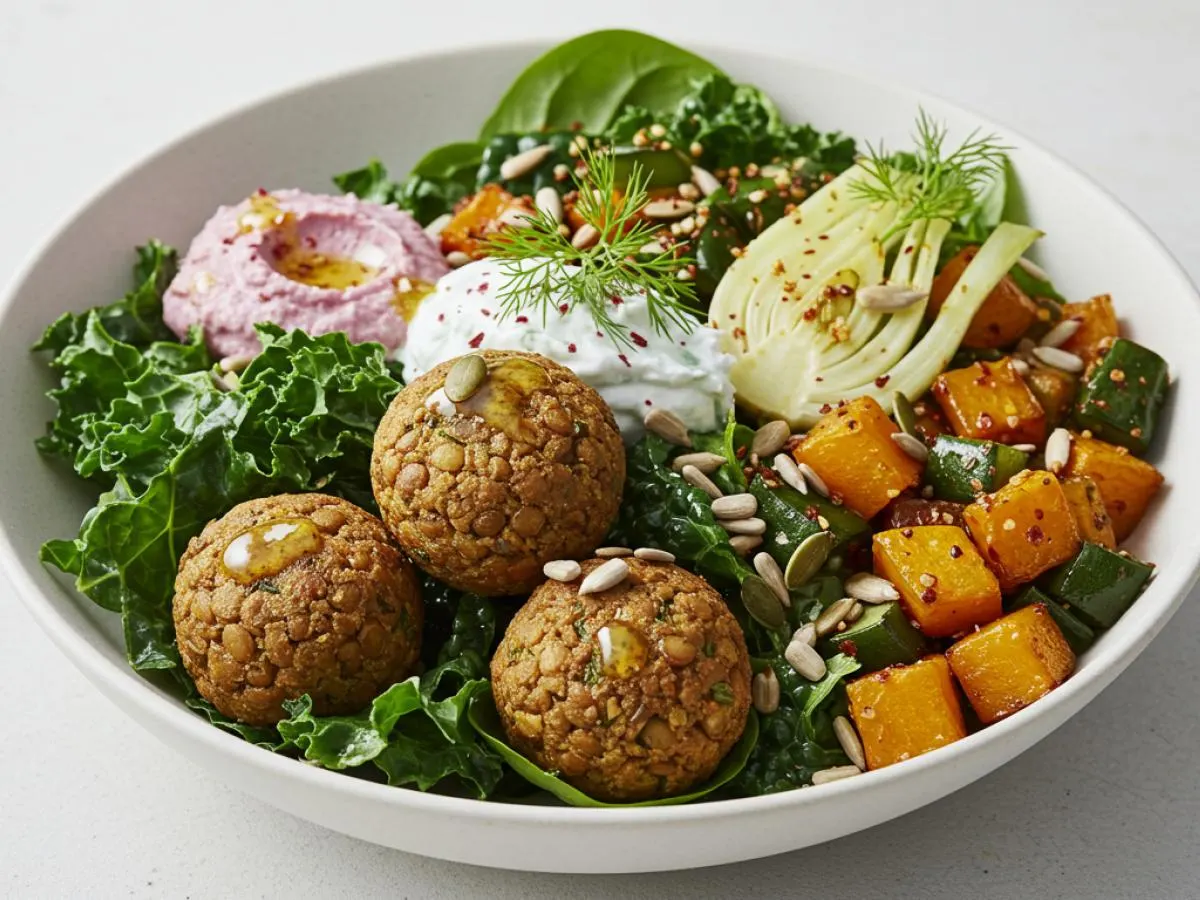Vegetarian Pink Power Salad with Lentil Balls