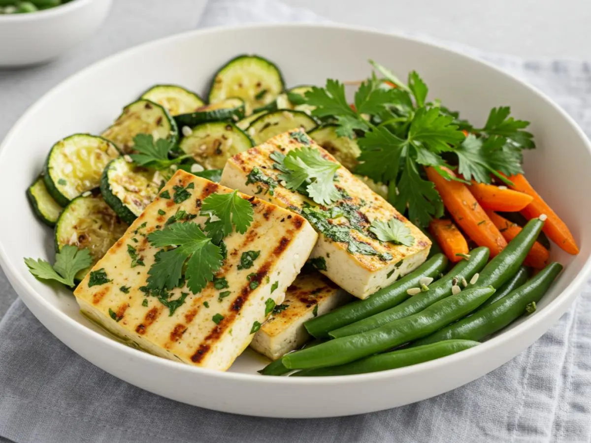 Light Carb Vegan Cilantro Tofu, Green Roasted Zucchini, and Parsley Carrots and Green Beans