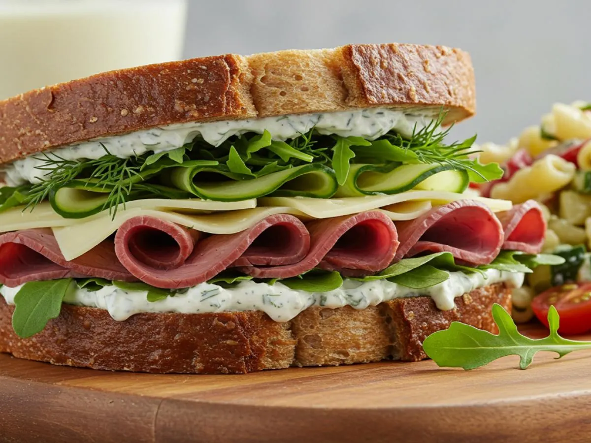 Roast Beef and Havarti Sandwich on Rye with pasta salad Roast Beef and Havarti Sandwich on Rye with pasta salad