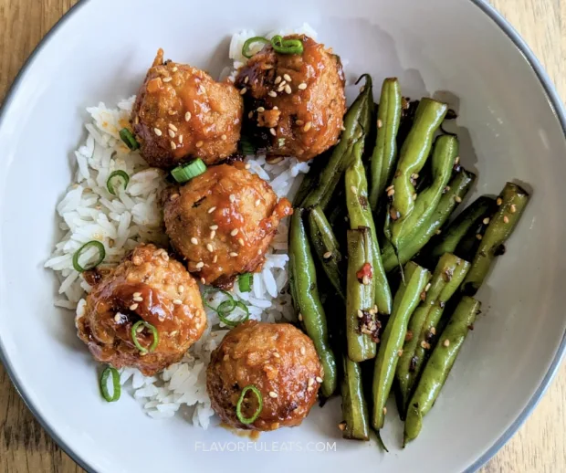 Thai Chicken Meatballs, White Rice and Green Beans (garlic and nightshade free) Thai Chicken Meatballs, White Rice and Green Beans (garlic and nightshade free)