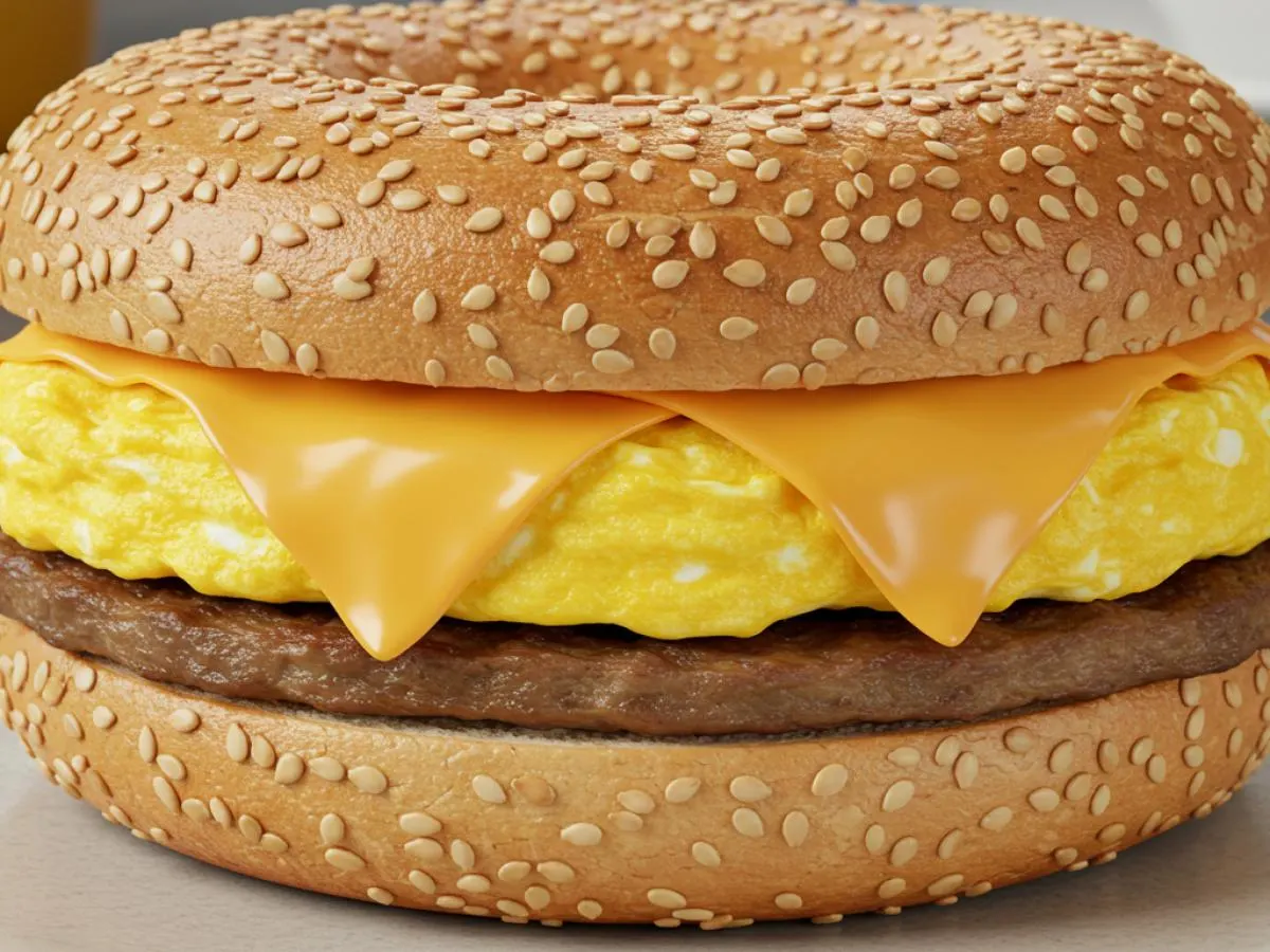 Sausage Egg and Cheese Sesame Bagel Sandwich Sausage Egg and Cheese Sesame Bagel Sandwich
